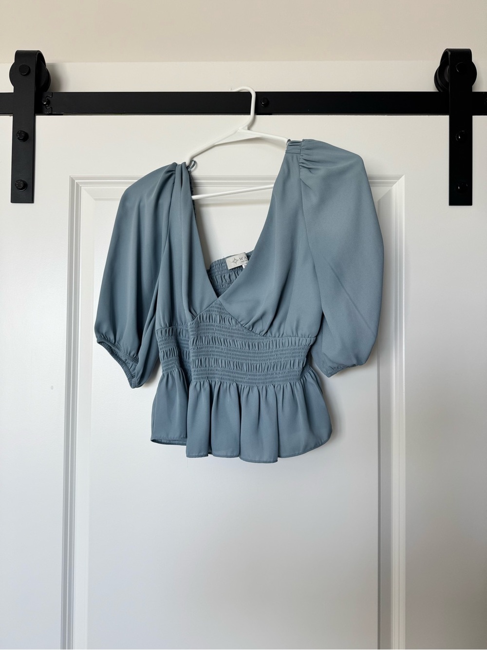 Wayf Dusty Blue Smocked Peplum Puff-Sleeve Top